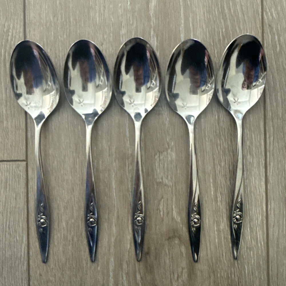 Set of 5 MY ROSE by Oneida Glossy‎ Stainless Flatware Oval Place Spoons Vintage